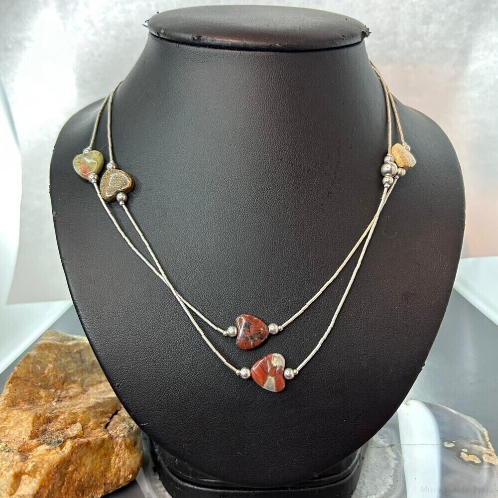 Carolyn Pollack Vintage Sterling Tube Beads & 9 Jasper Hearts Necklace For Women